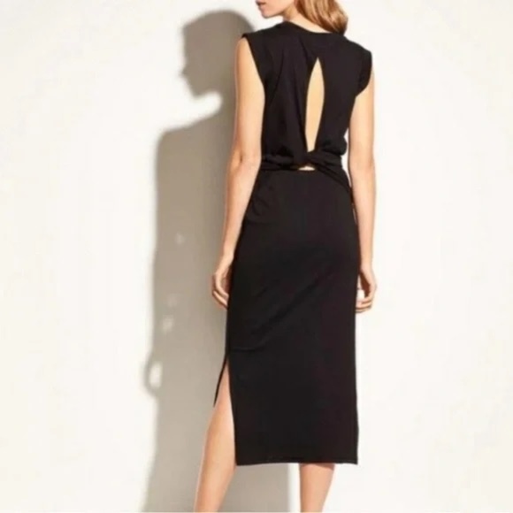 VINCE - Wrap Waist Cotton Jersey Sleeveless Midi Back cout out Dress in Black - Picture 8 of 8